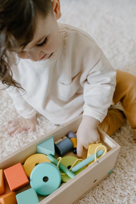 A child playing with various colorful wooden educational toys on a carpet, promoting sustainable learning.