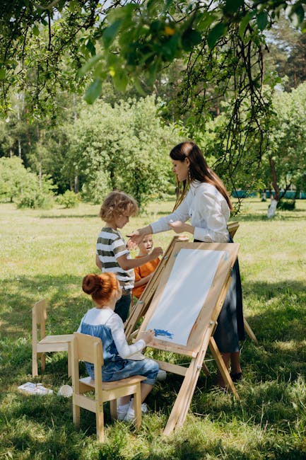 Children painting with instructor in a sunny garden setting promoting creativity and learning.